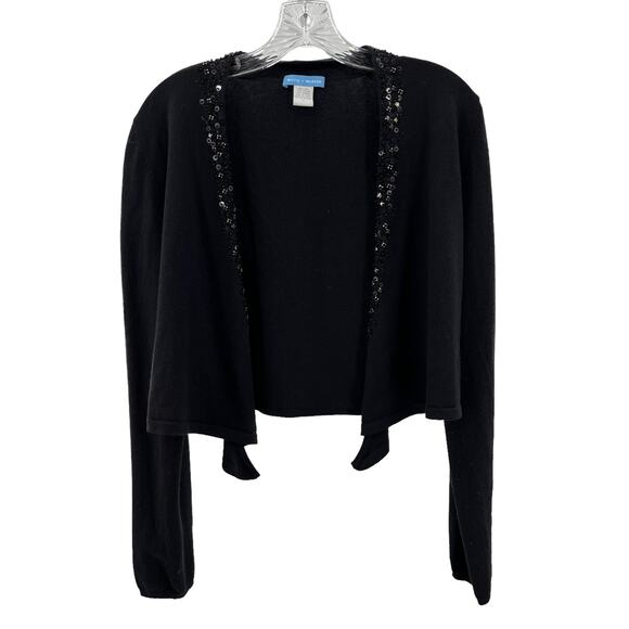 White + Warren Black Silk Blend Beaded Tie Front Cropped Shrug Sweater Size L - Picture 1 of 9